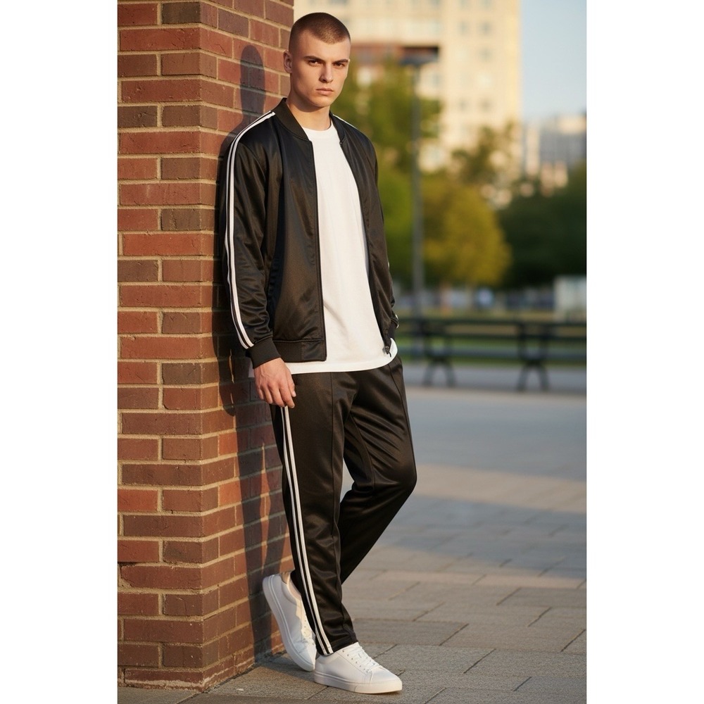 Línea Uomo Black Track Joggers with White Side Stripes